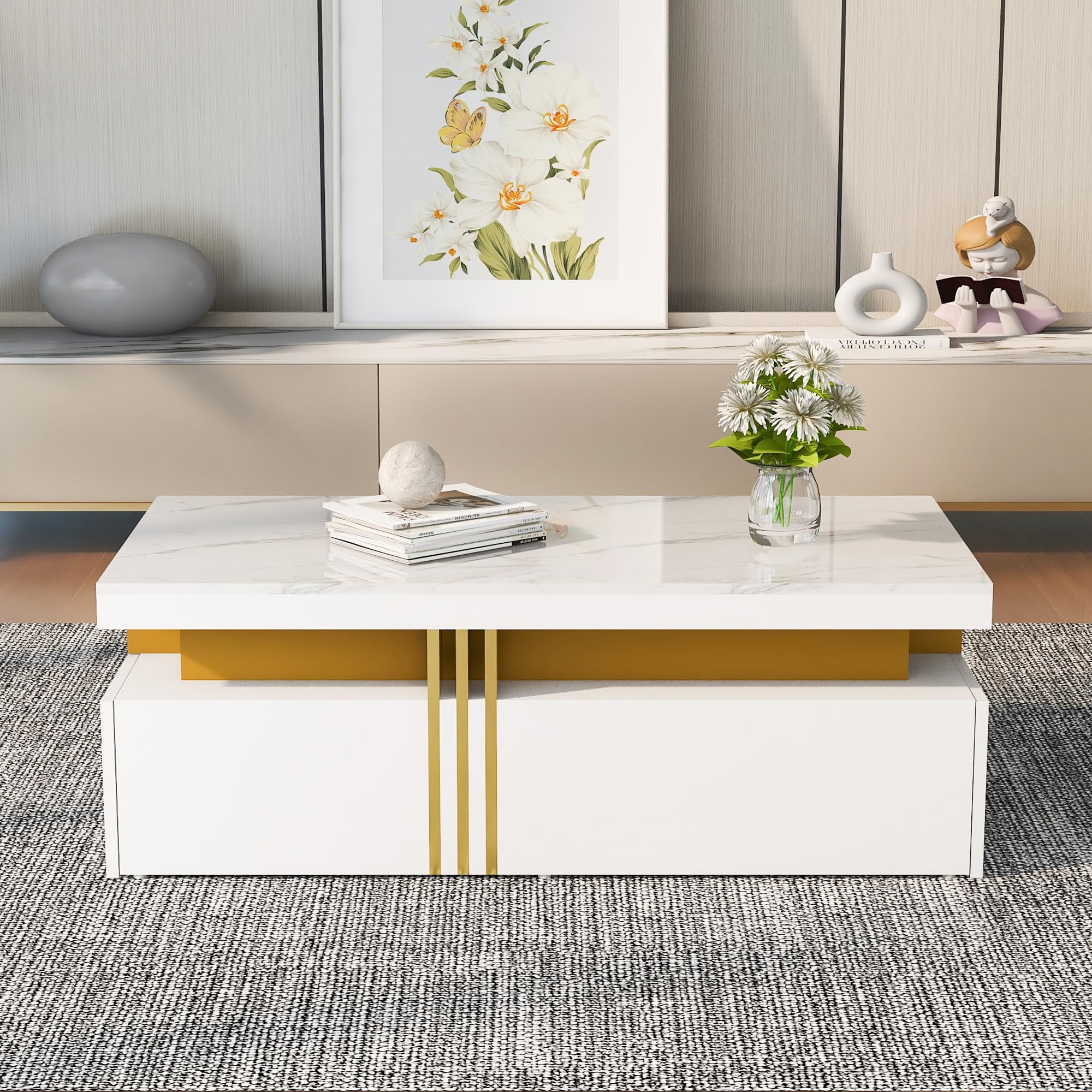 Merax Modern Coffee Table with Marble Pattern Top, Highgloss